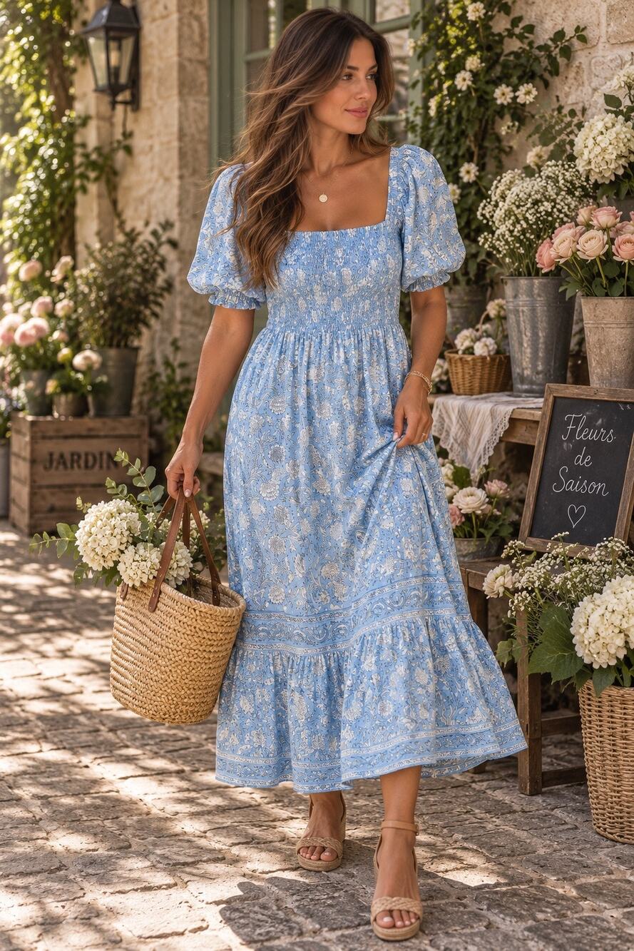 Roller Rabbit 100% Cotton Blue White Floral Maxi Dress Size Medium